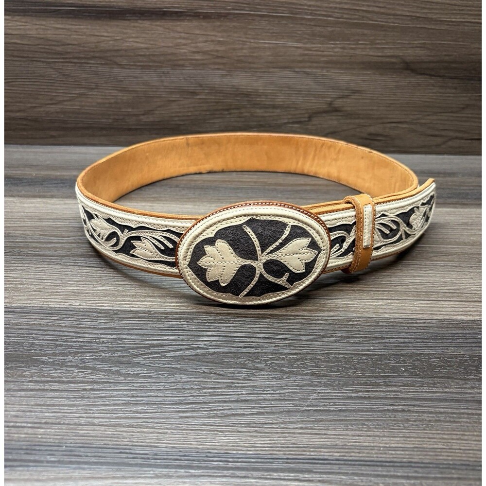 LEATHER BELT Size 36 Black & Cream Floral Western Boho Made in Mexico